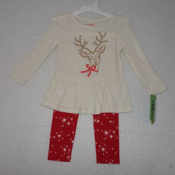 Cat & Jack Other - NEW Cat & Jack 2 Piece Outfit Glitter Reindeer Red Stars Chrsitmas Girls 2T